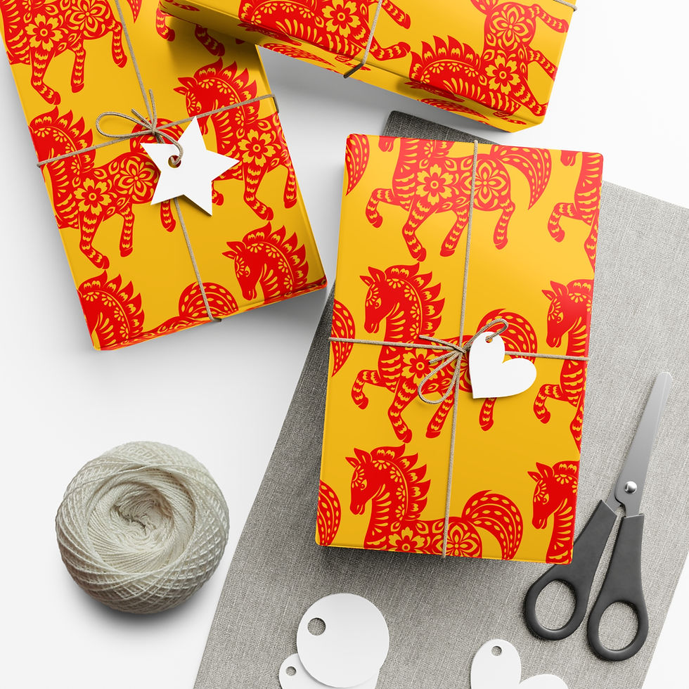 Thumbnail: Wrapped gifts with red horse pattern, twine, scissors and tags on paper