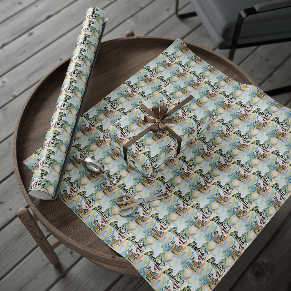 Thumbnail: Lebanon Gift Wrapping Paper roll, sheet, and present on wooden table.