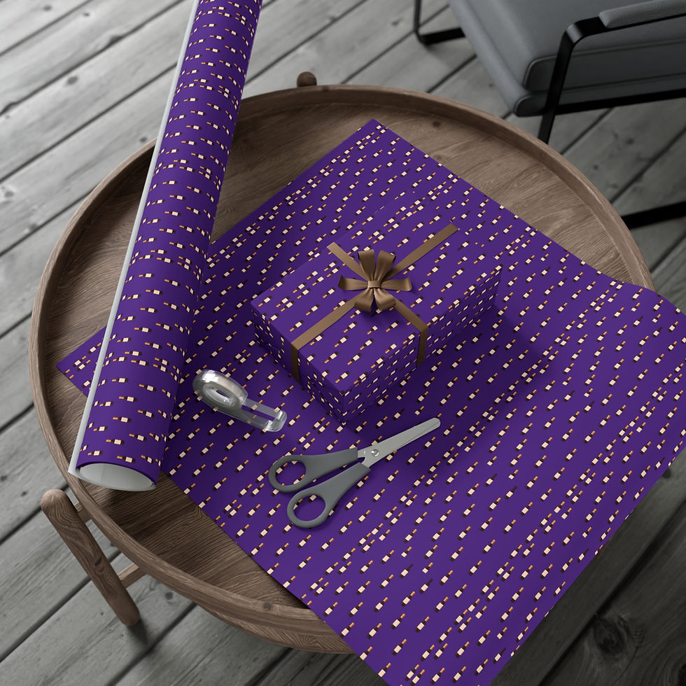 Thumbnail: Gift wrapped, purple patterned paper on a table; Wine Aficionado Gift Wrapping Paper.