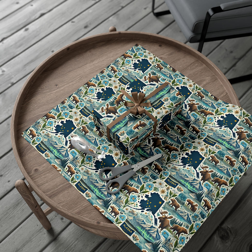 Thumbnail: Gift wrapped on patterned paper with scissors and ribbon, New York Gift Wrapping Paper.