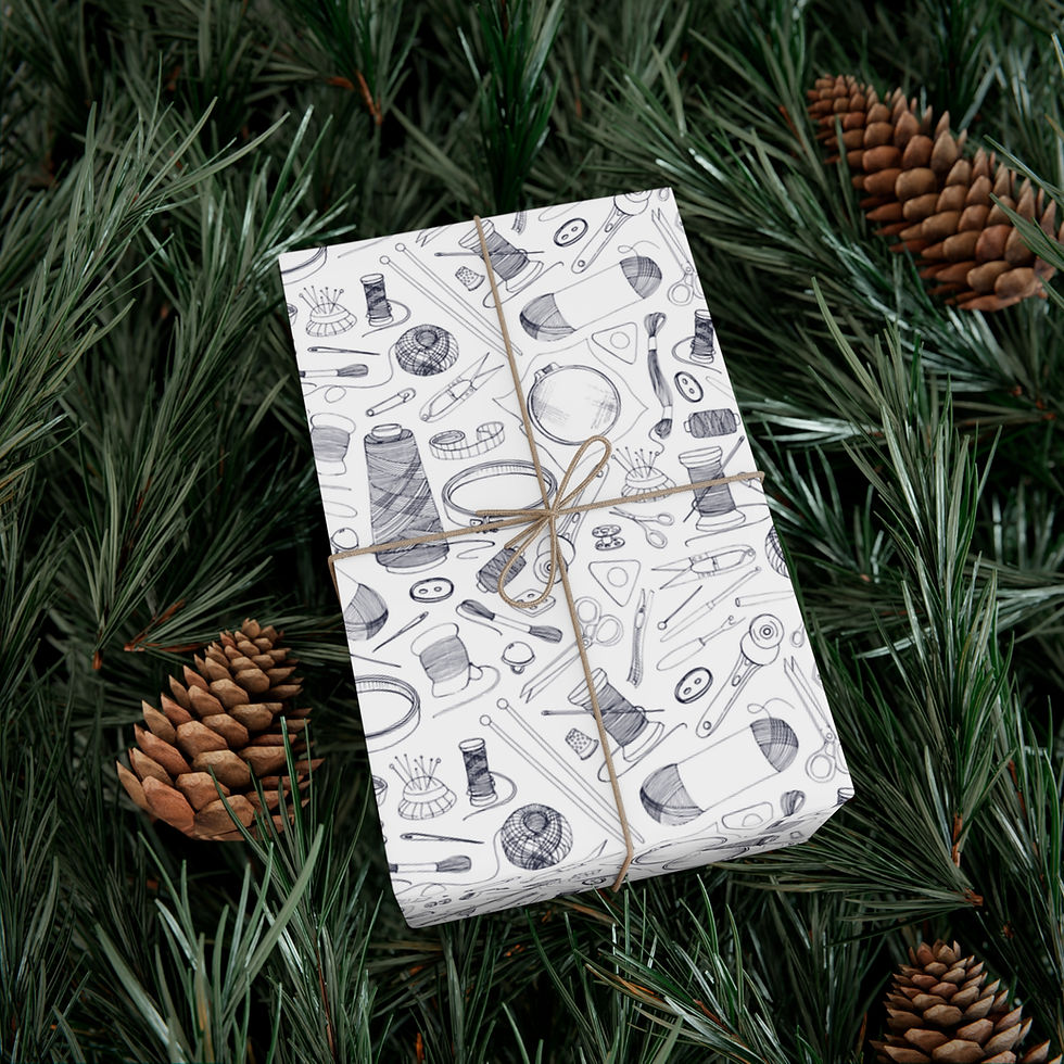 Thumbnail: Wrapped gift with hand-drawn sewing tools, on pine needles; Black and White Sewing Gift Wrap