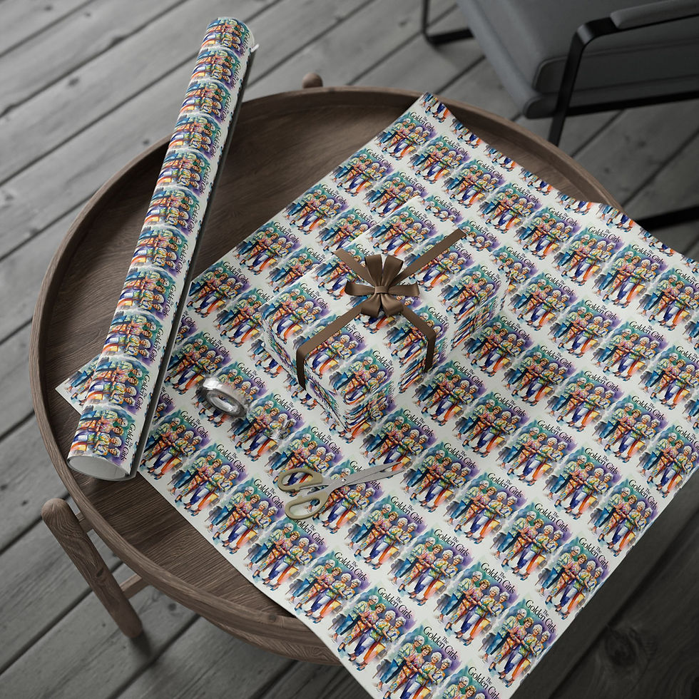 Thumbnail: Gift wrapped, Golden Girls wrapping paper on table with scissors and ribbon