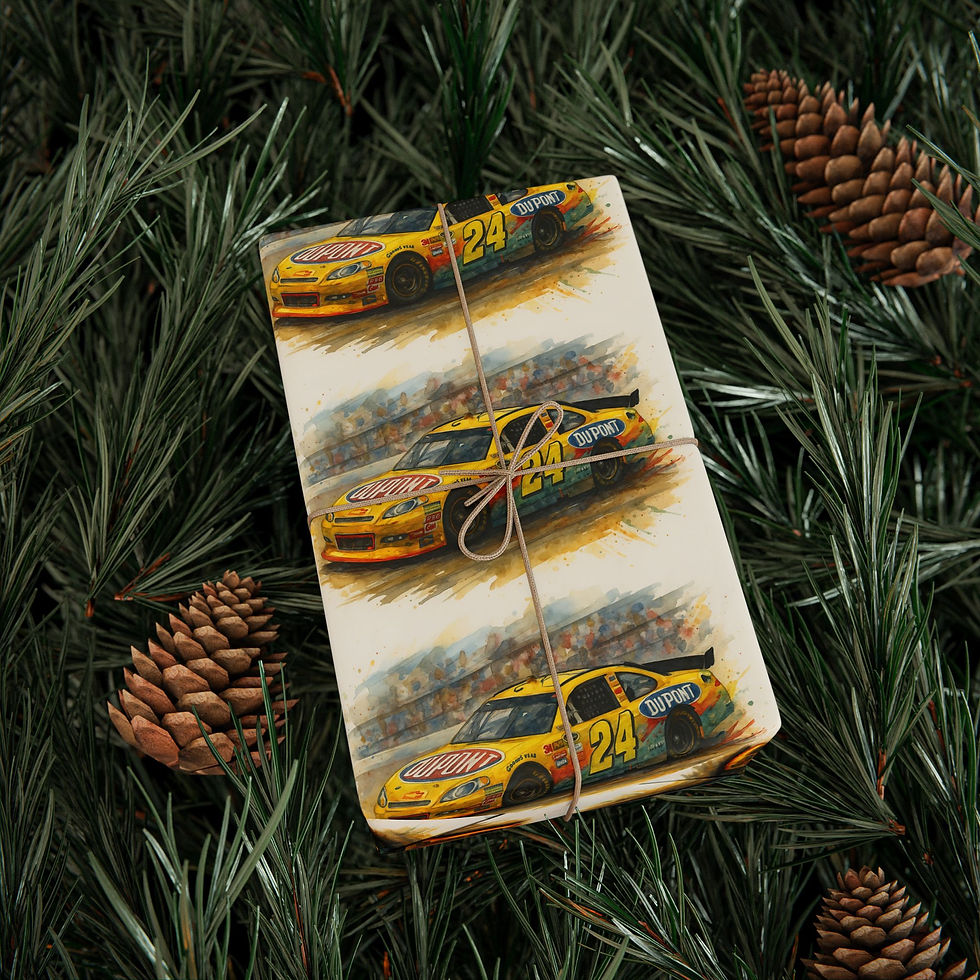 Thumbnail: Gift wrapped with race car print, among evergreen, pine cones and branches.