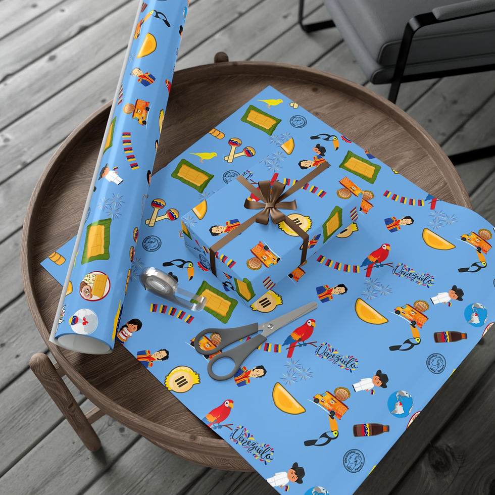 Thumbnail: Blue patterned gift wrapping paper with presents and scissors on a table.