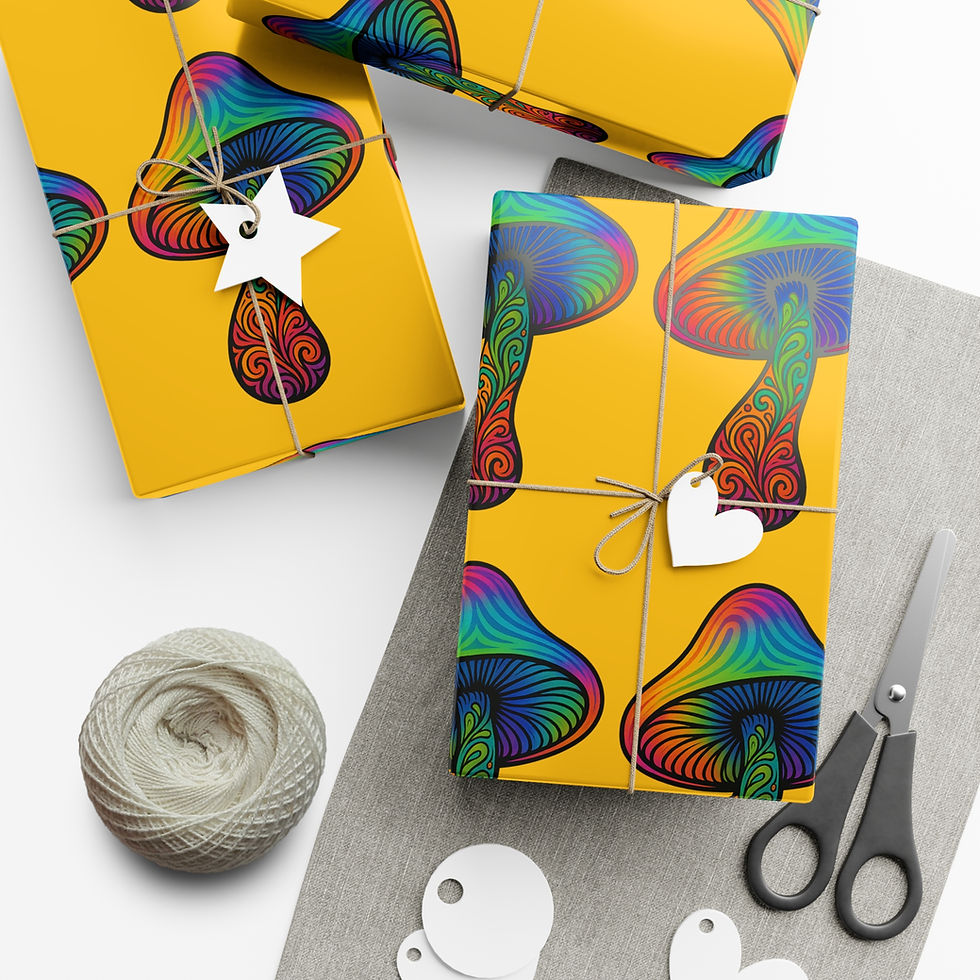 Thumbnail: Wrapped gifts on yellow paper, colorful mushroom pattern with twine and scissors.