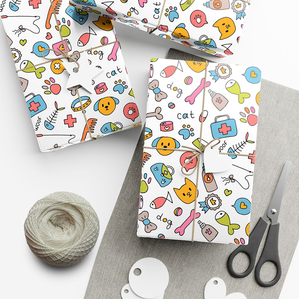 Thumbnail: Wrapped gifts with dog and cat print with scissors and twine on the table