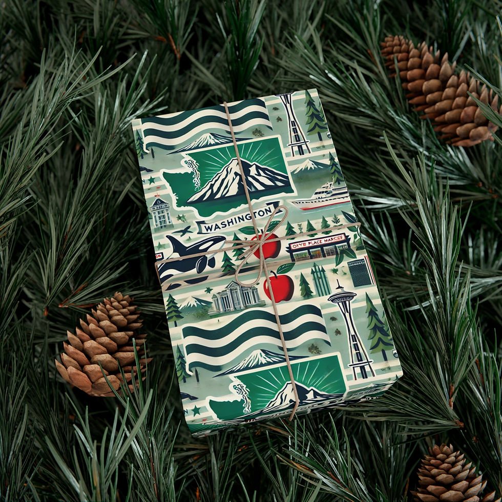 Thumbnail: Wrapped gift with Washington Gift Wrapping Paper, Mount Rainier, Space Needle, and apples imagery.