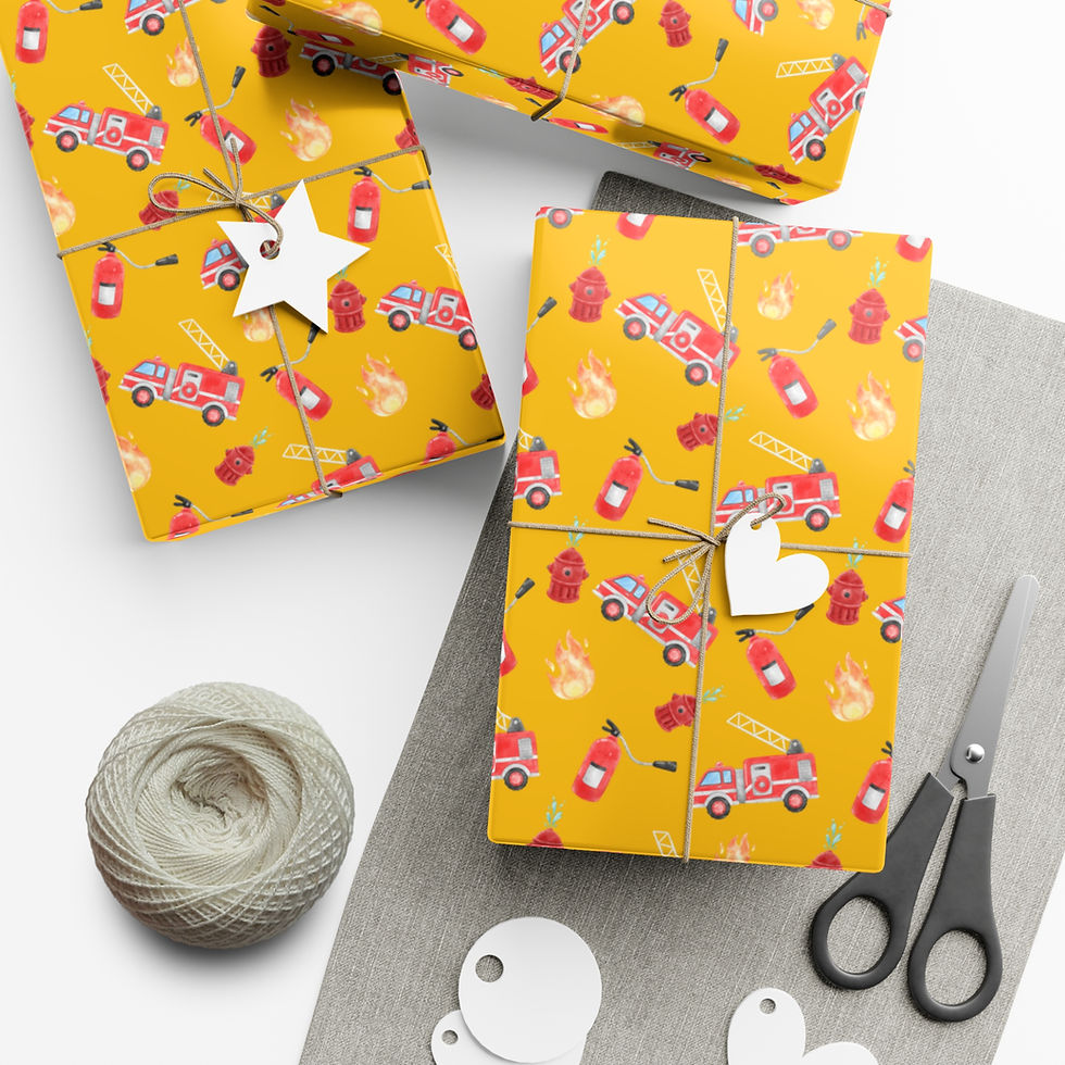 Thumbnail: Fire truck gift wrapping paper with hearts, stars, gifts and scissors on table.