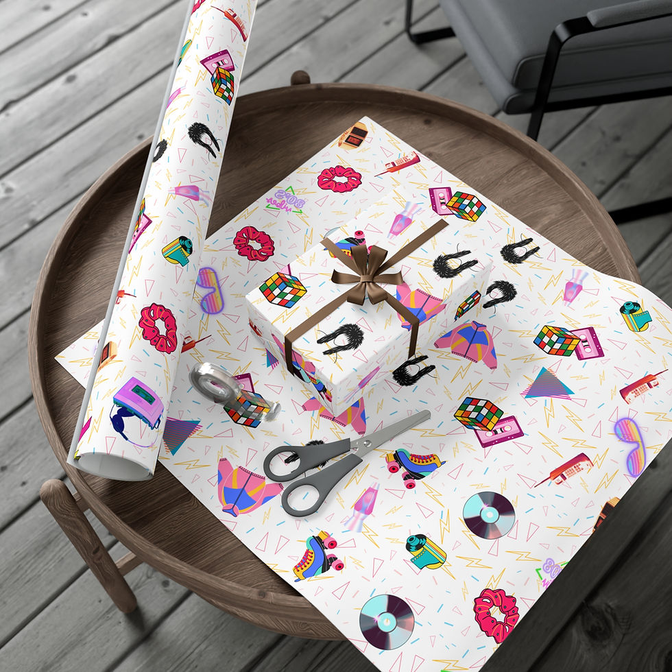 Thumbnail: Gift-wrapped present on wrapping paper with scissors on a round table.
