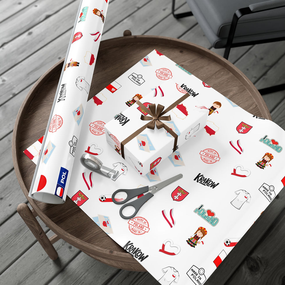 Thumbnail: Gift wrapped, scissors and wrapping paper with various icons and text on table.