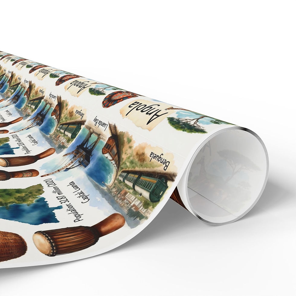 Thumbnail: Rolled wrapping paper featuring Angola, landmarks, and wildlife gift wrap sheets. High Oak Paper