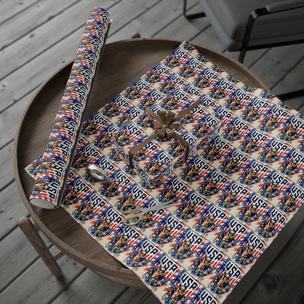 Thumbnail: USA flag and eagle gift wrap on a wooden table