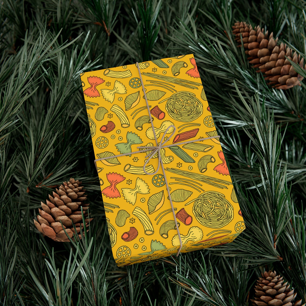 Thumbnail: Gift wrapped in Pasta Lover Gift Wrapping Paper | Colorful Macaroni, Penne & Farfalle Pattern, with pine needles.