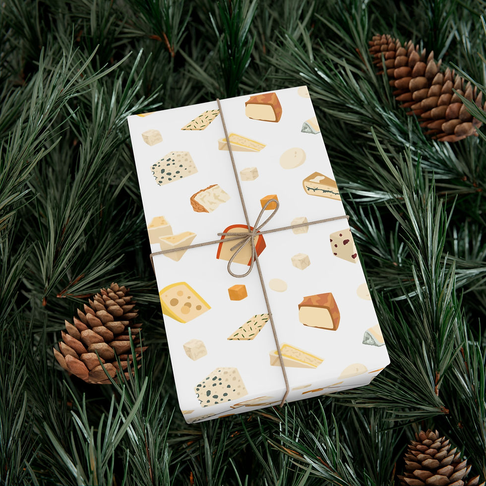 Thumbnail: Gift wrapped in cheese print paper, set on green pine background with pinecones.