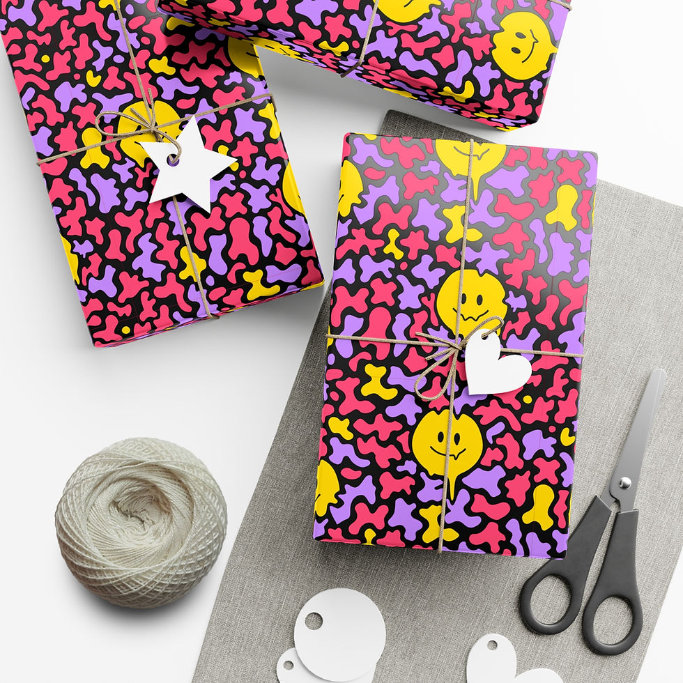 Thumbnail: Wrapped gifts with Smiley faces and colorful music note paper with scissors and string