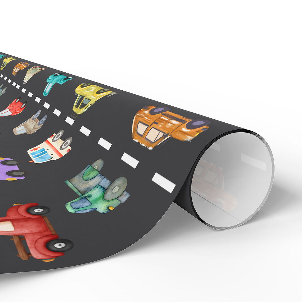 Thumbnail: Roll of Cute Cars Gift Wrap with toy cars on a road.