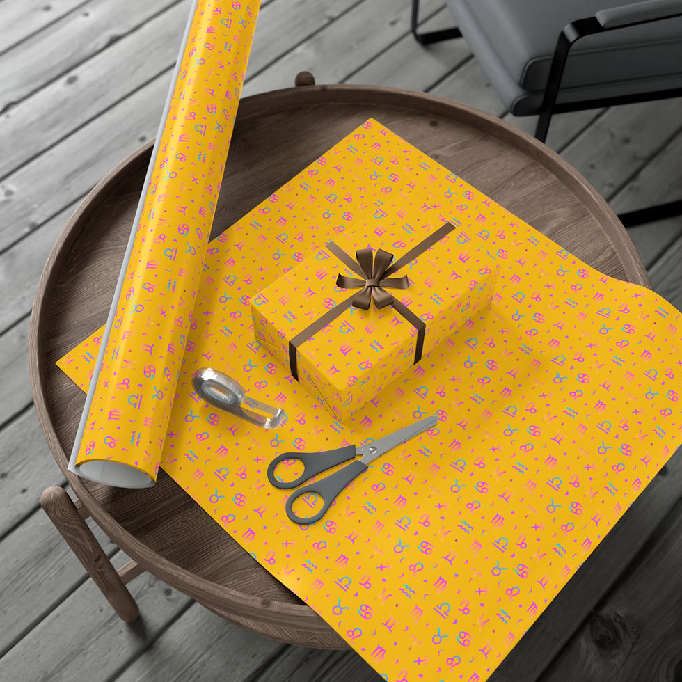 Thumbnail: Yellow gift wrapping paper and scissors on a table with a gift box.