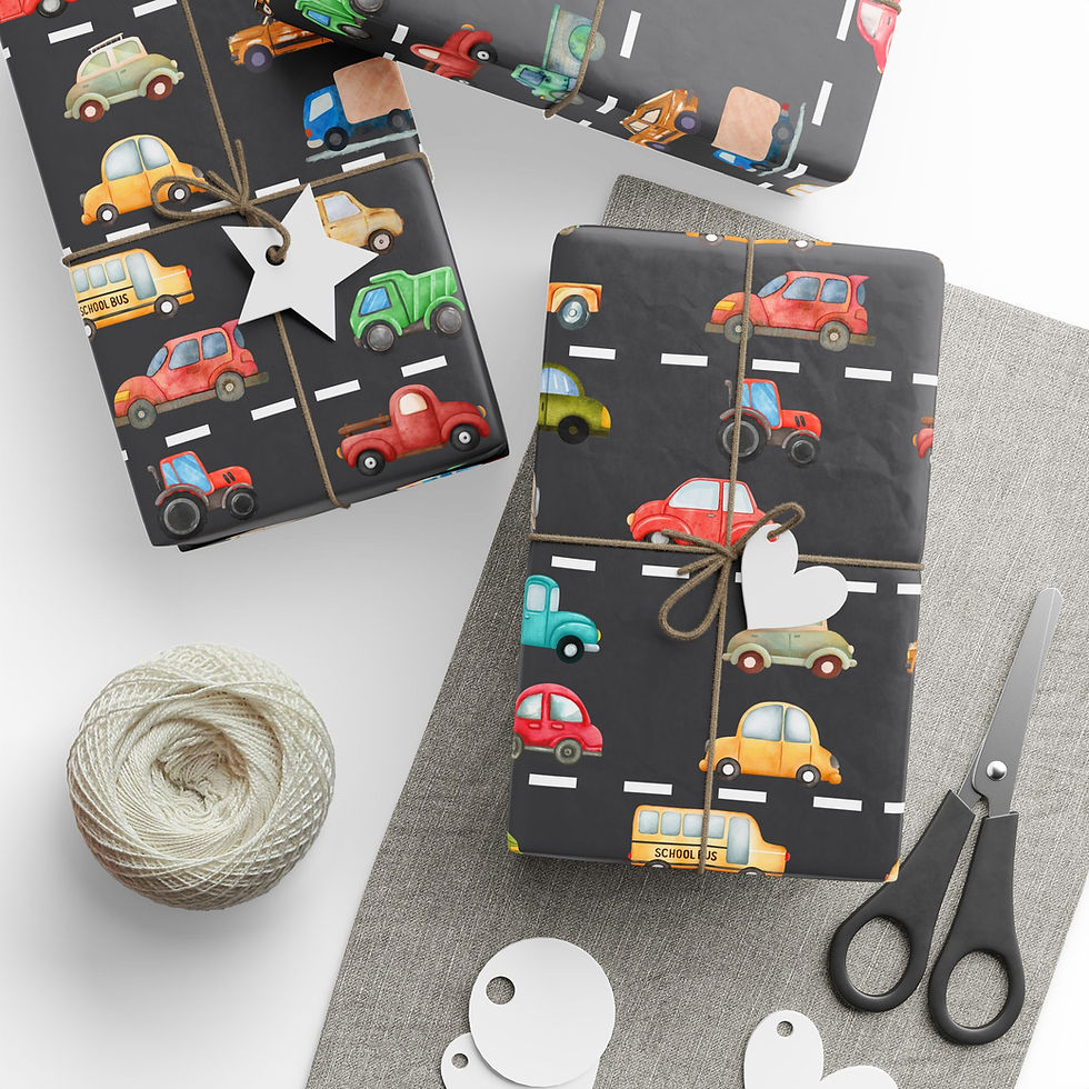 Cute cars gift wrap on presents with twine and tags.