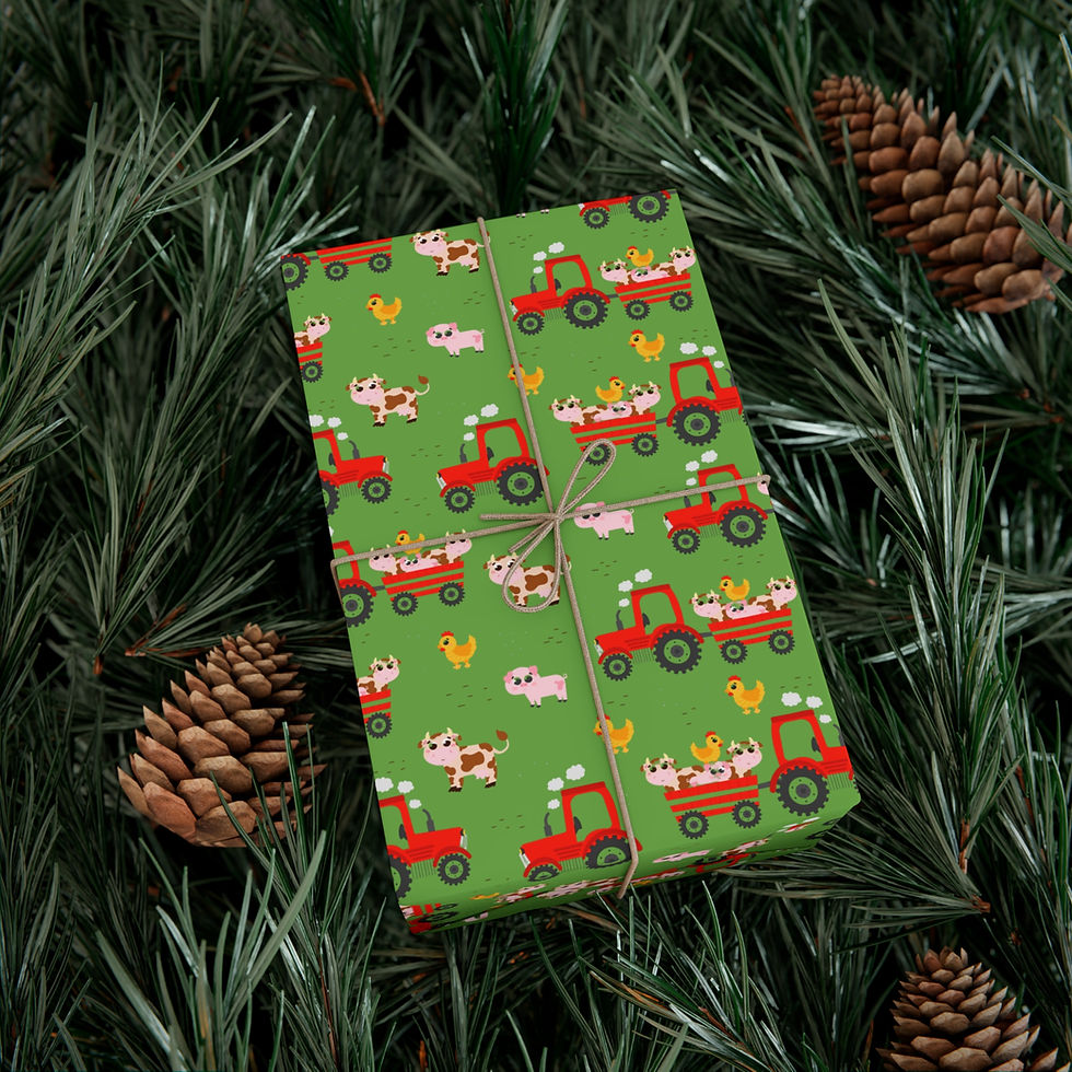 Thumbnail: Green wrapped gift with tractor print, tied with twine, festive foliage background.
