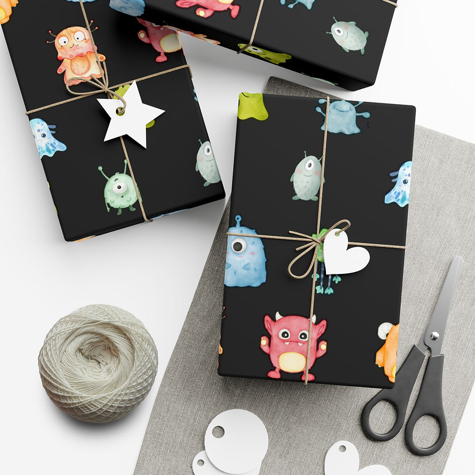 Thumbnail: Wrapped gifts with monster pattern, scissors, string, stars, and hearts on wrapping paper.