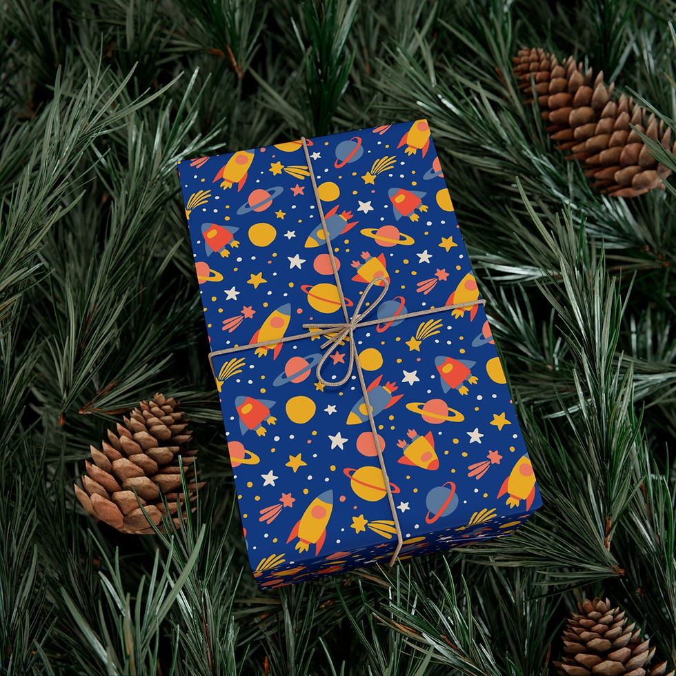 Thumbnail: Gift wrapped in the space-themed paper with twine string and pine cones.