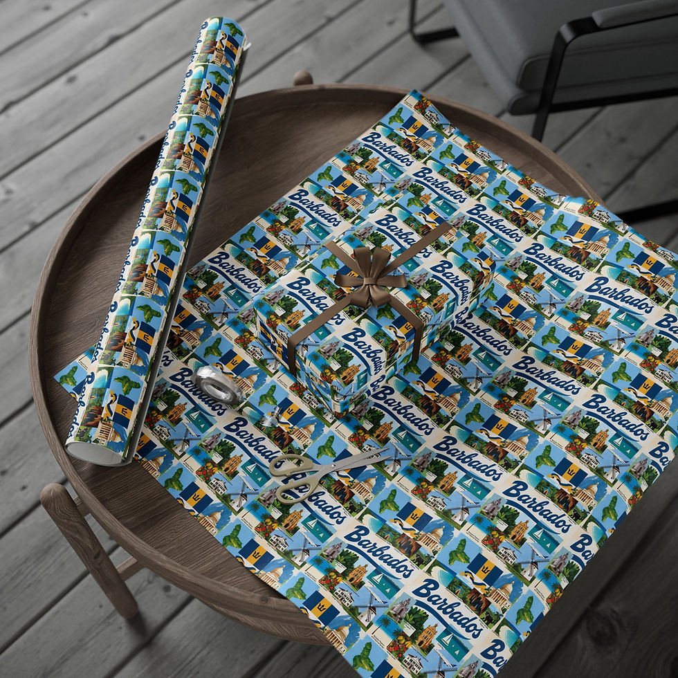 Thumbnail: Gift wrap featuring text Barbados on a table. High Oak Paper.