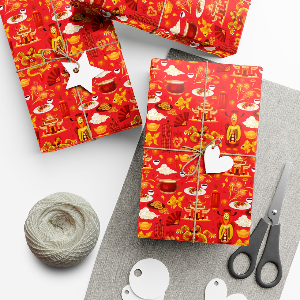 Thumbnail: Wrapped gifts on red paper with stars, hearts, and scissors; Diwali gift wrapping.