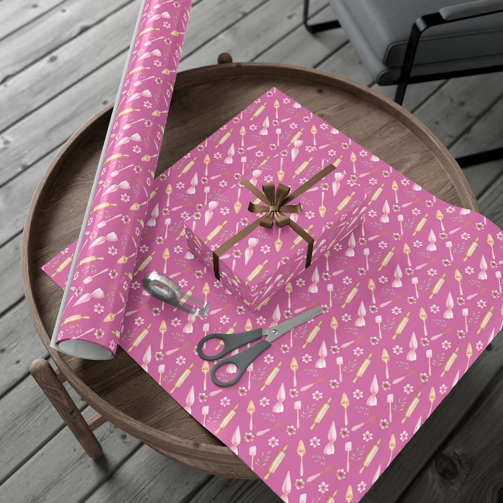 Thumbnail: Pink wrapping paper with gift and scissors on table. Pasta Lover Gift Wrapping Paper.