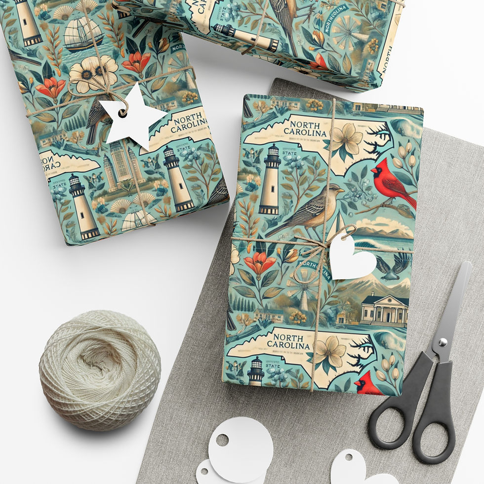 Thumbnail: Wrapped gifts on North Carolina map wrapping paper with scissors and twine