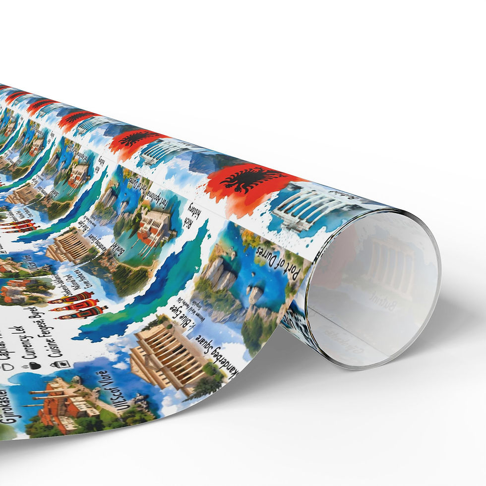 Thumbnail: Rolled wrapping paper with landmarks and text. Antigua & Barbuda Wrapping Paper | Caribbean Landmarks.