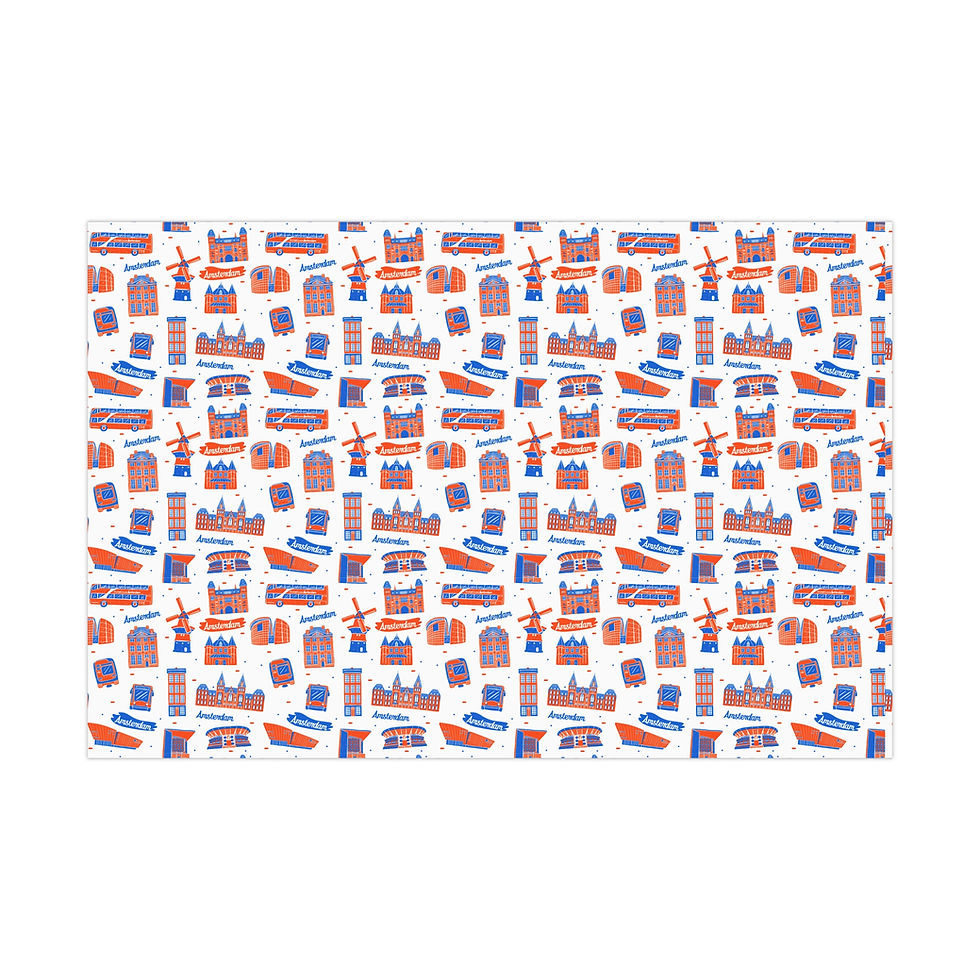 Thumbnail: Patterned gift wrapping paper with repeated blue and orange design elements.