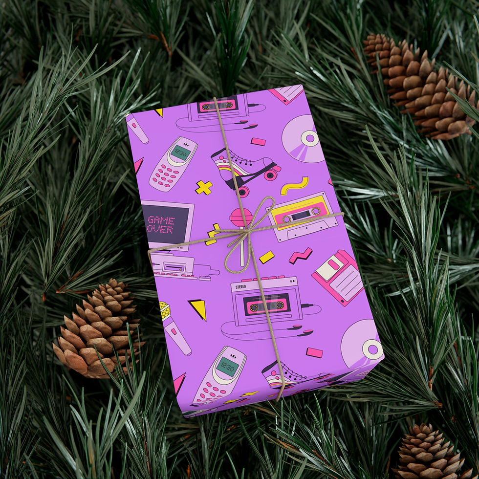 Thumbnail: Gift wrapped in purple retro pattern, cassette tapes, Vermont Gift Wrapping Paper.