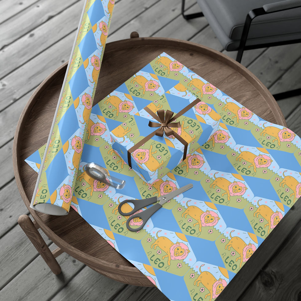 Thumbnail: Gift wrapped in Leo zodiac wrapping paper, scissors on a wooden table.