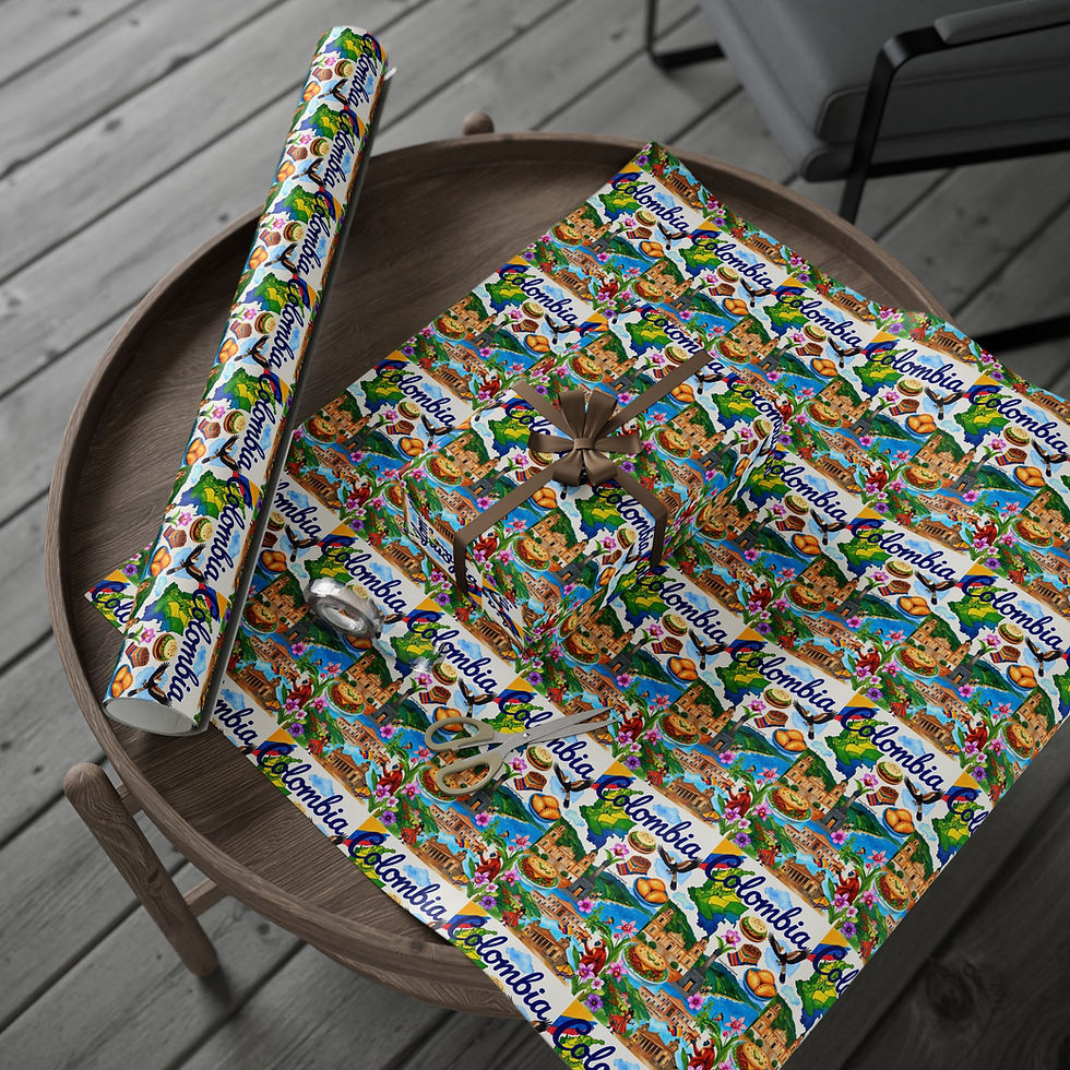 Thumbnail: Gift wrapping paper roll on a table with colorful cartoon design.
