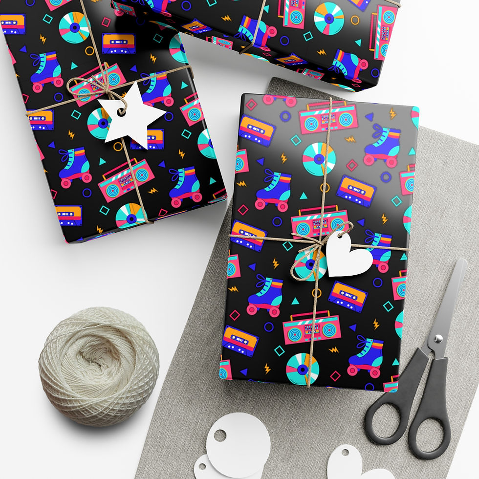 Thumbnail: Wrapped gifts with retro patterned paper, twine, scissors, and Washington Gift Wrapping Paper