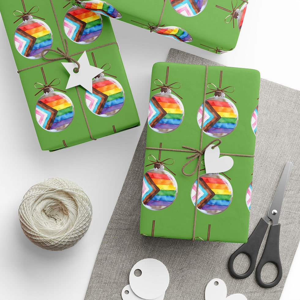 Wrapped gifts with Pride flag ornaments and tags on green paper. Angola Wrapping Paper.