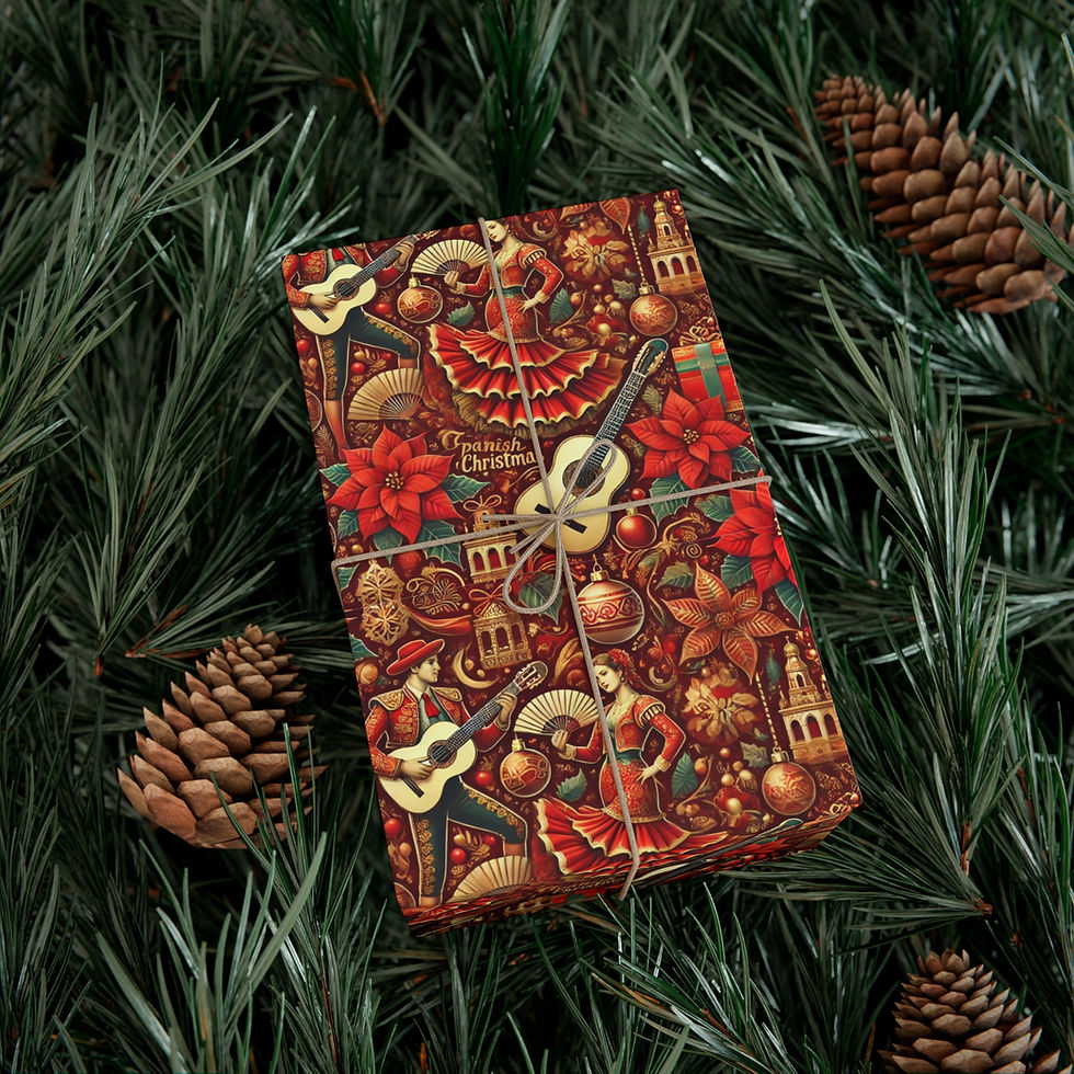 Thumbnail: Gift wrapped in festive paper with guitar and dancer designs, Arkansas Inspired Gift Wrapping Paper.