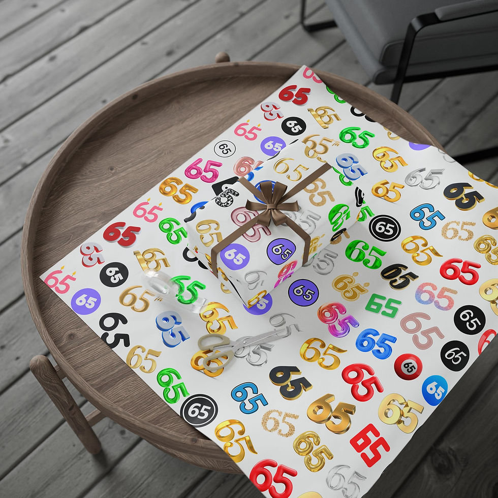 Thumbnail: Wrapped 65th birthday gift on table with 65s design; 65th Birthday Gift Wrapping Paper