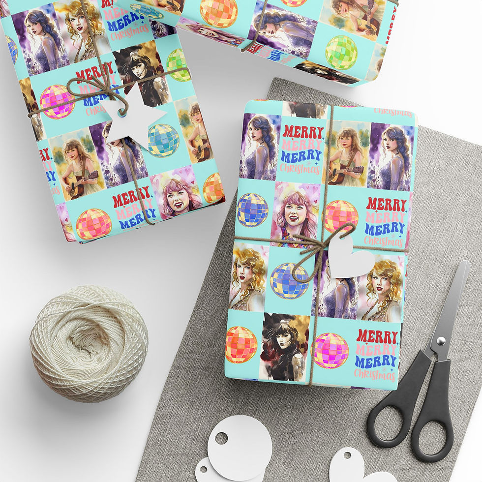 Thumbnail: Swifty Christmas Gift Wrap on presents with twine and scissors