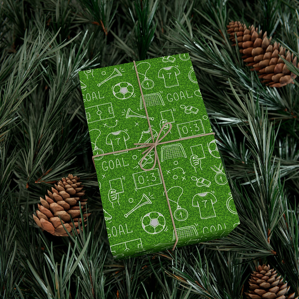Thumbnail: Green wrapping paper with soccer-themed drawings and the word GOAL, on green