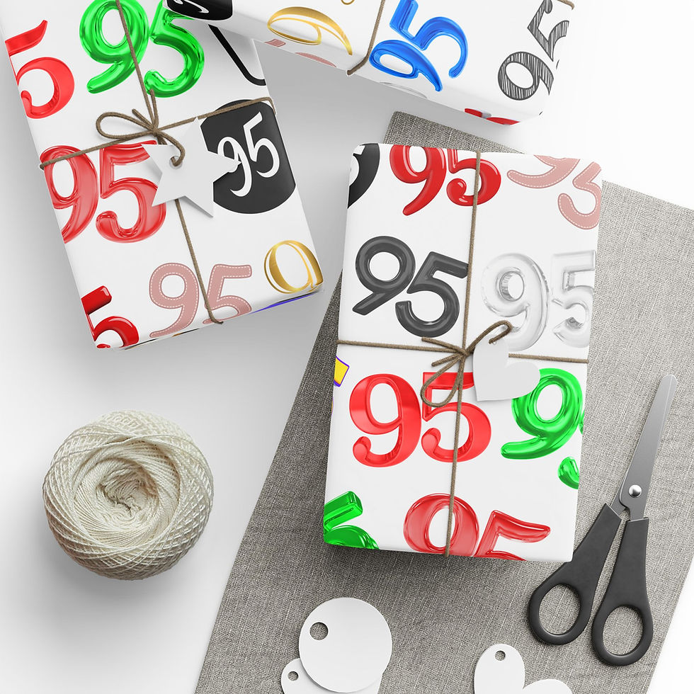 Thumbnail: Wrapped gifts with numbers and colorful icons. 95th Birthday Gift Wrapping Paper. Scissors and twine