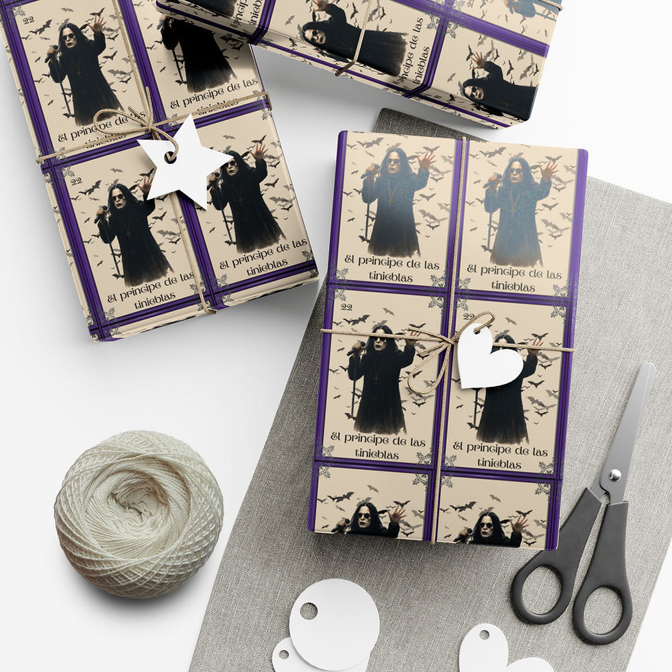 Thumbnail: Wrapped gifts with text and Grim Reaper pattern; scissors, string, and tags.