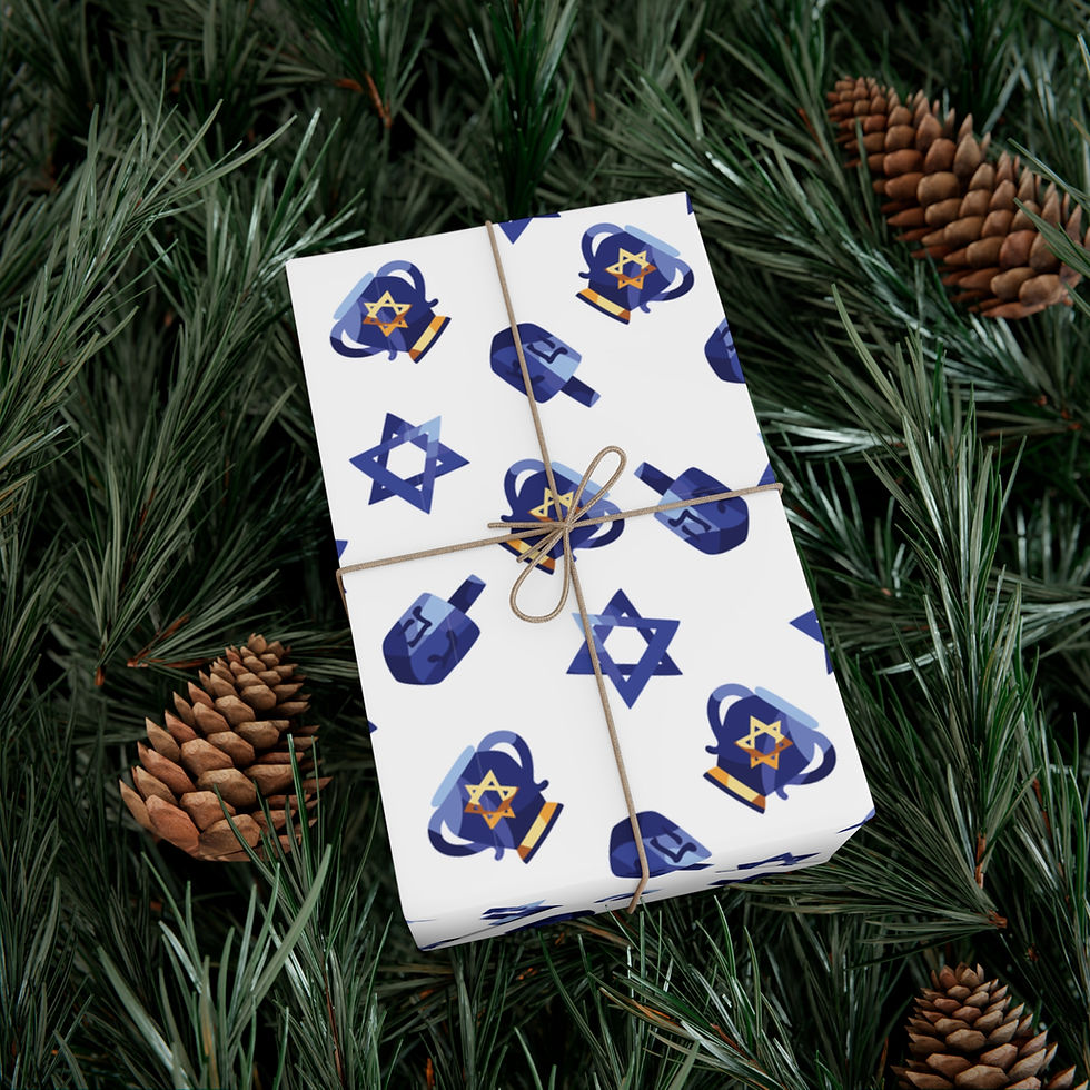 Thumbnail: Gift wrap with blue menorah and star patterns, tied with twine and pine cones.