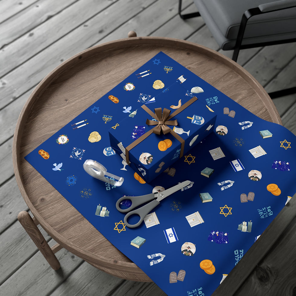 Thumbnail: Gift-wrapped present on blue paper with stars, symbols, scissors and tape