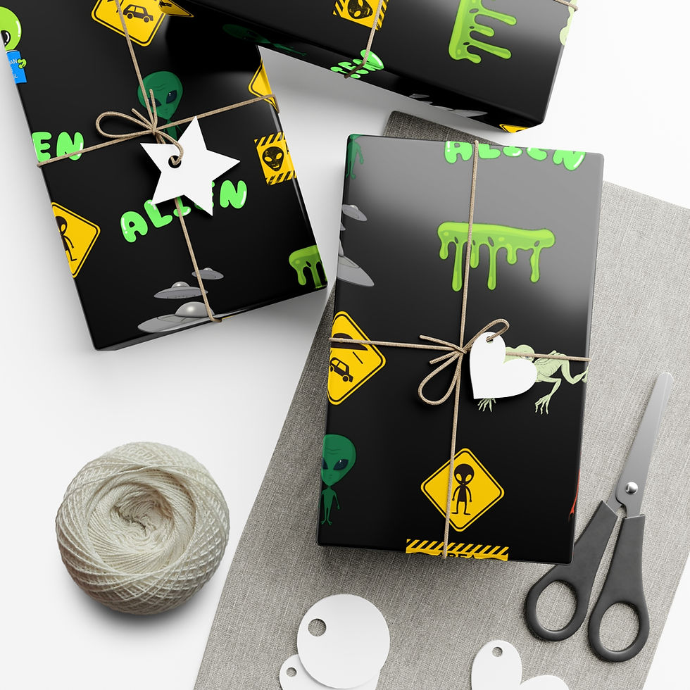 Thumbnail: Wrapped gifts with Alien design, string, and scissors on gray wrapping paper.