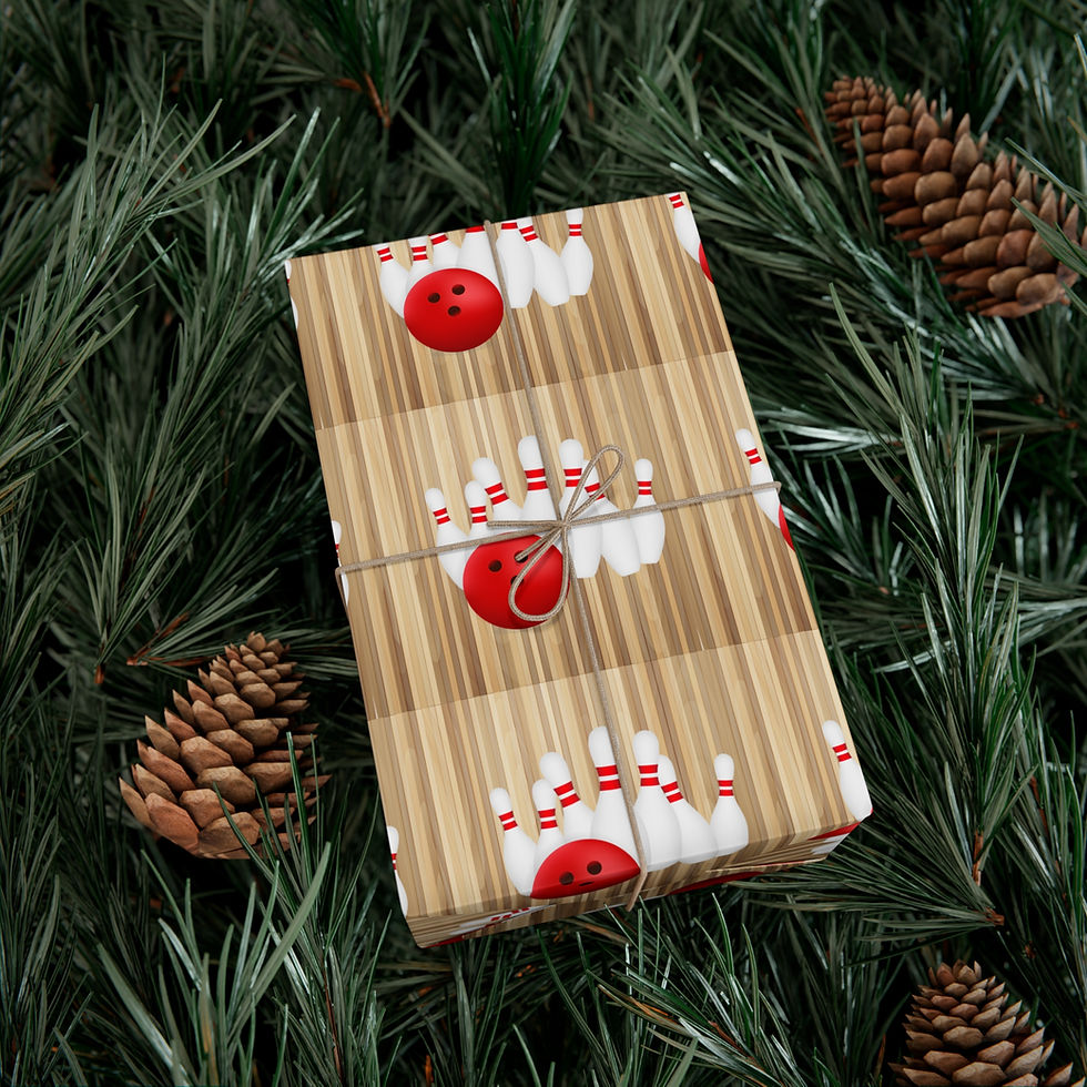Thumbnail: Gift wrapped with bowling-themed paper, pine cones and evergreen background.
