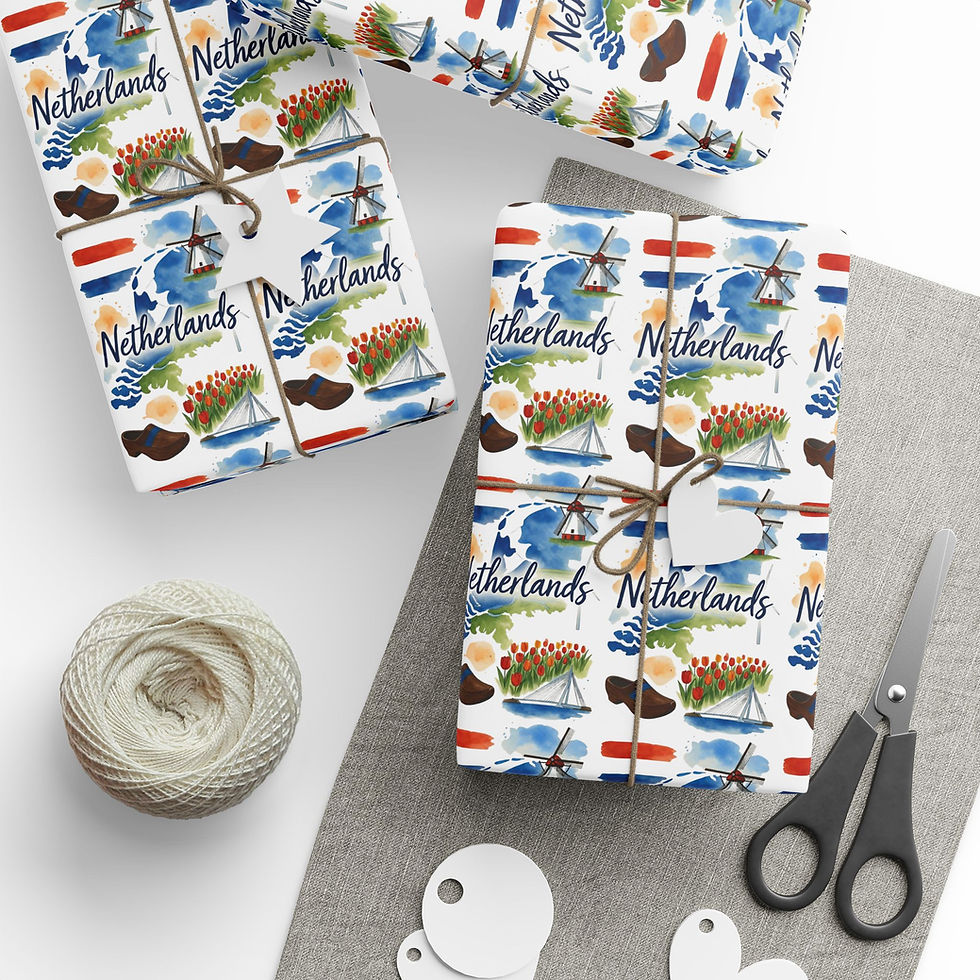 Thumbnail: Netherlands themed gift wrapping paper with twine and scissors