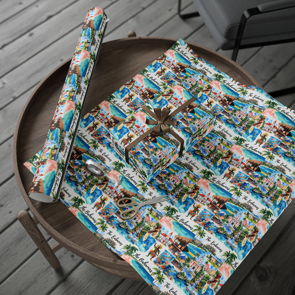 Thumbnail: Wrapped gift with wrapping paper on table with roll of paper and ribbon.