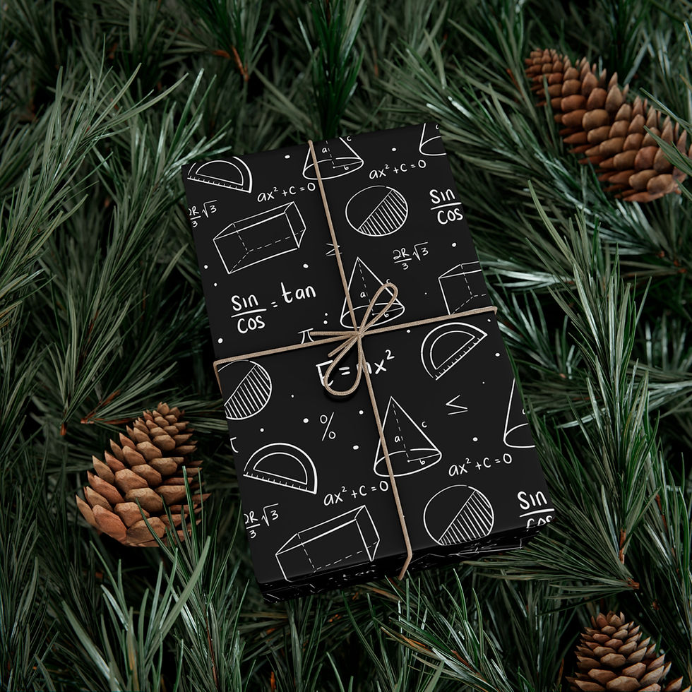 Thumbnail: Black wrapping paper with math symbols and equations, tied with string.