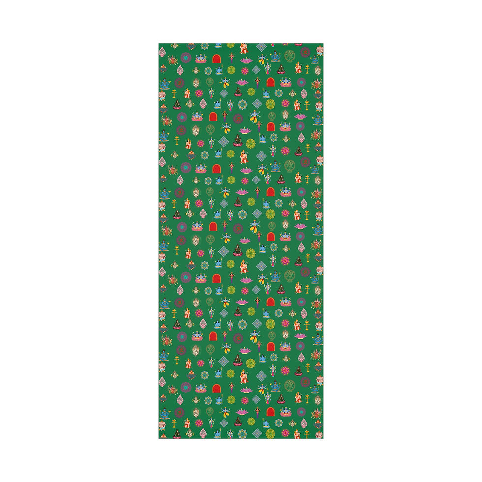 Thumbnail: Green wrapping paper with colorful designs, festive holiday gift wrap background.